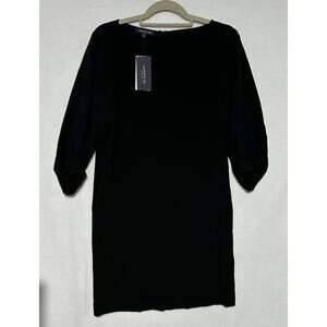 LAFAYETTE 148 NWT Wynona Black Crepe Ruched Sleeve Pockets Midi Shift Dress XS